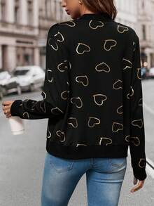 Women's Baseball Jacket With Heart Print - Black - View 2