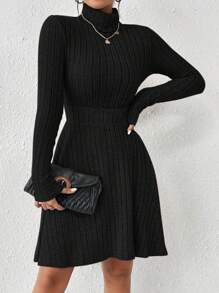 SHEIN Frenchy Women's Black Skirt Turtleneck Ribbed Bodycon With Sleeves Dress - Black - View 4