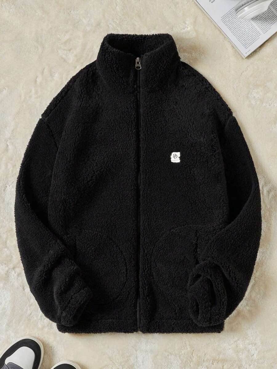 RueChic 男士拉鍊開衫夾克,帶字母飾片,下垂式肩設計 - 黑色 - 查看 1