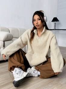 SHEIN Unity 纯色落肩毛绒套头卫衣 秋季卫衣 - 灰色 - 查看 4