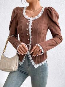 SHEIN Privé Ladies' Lace Patchwork Puff Sleeve Jacket - Coffee Brown - View 3