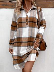 SHEIN LUNE Women's Long Sleeve Plaid Button Up Dress - Khaki - View 6