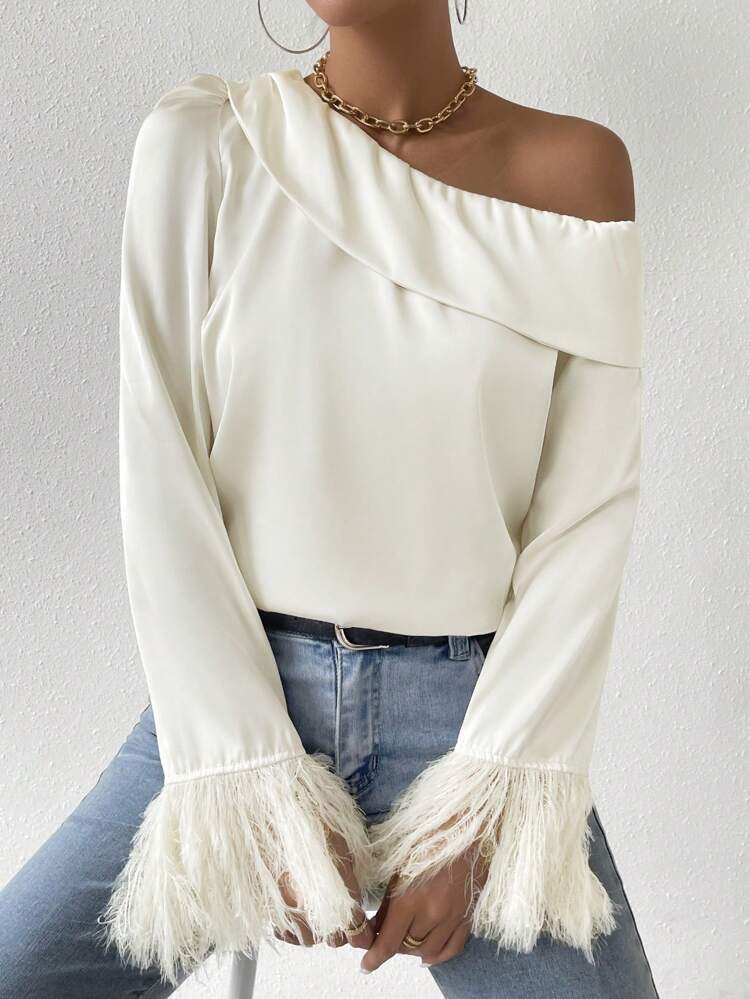 Asymmetrical Shoulder Satin Fringed Long Sleeve Shirt
