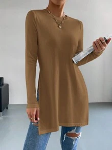 SHEIN Essnce 女士純色圓領分割式下擺長袖t恤 - 摩卡棕 - 查看 1