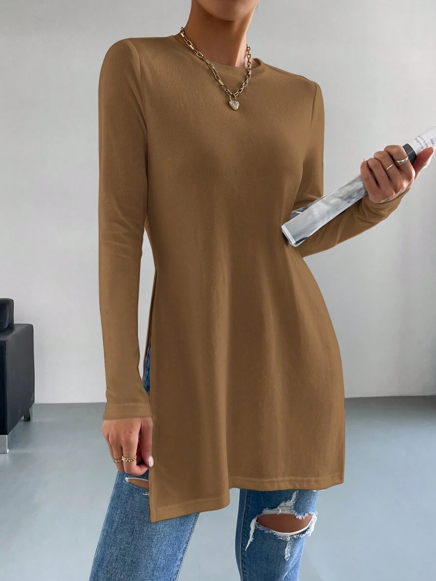 SHEIN Essnce 女士純色圓領分割式下擺長袖t恤 - 摩卡棕 - 查看 1