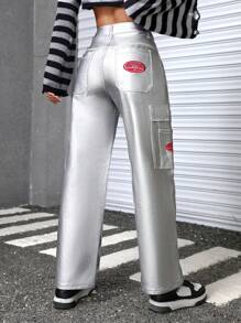 SHEIN PETITE Faux Leather Jeans For Short People - Silver - View 2