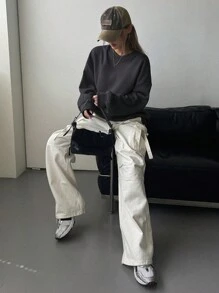 DAZY Sweat-shirt ample à épaules tombantes de couleur unie, vêtements d'automne