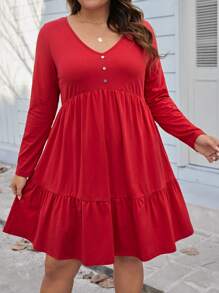 SHEIN LUNE Plus Size V-neck Ruffled Long-sleeve Dress
