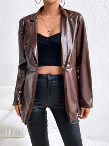 SHEIN Privé Women'S Lapel Collar Pu Leather Blazer - Coffee Brown - View 3