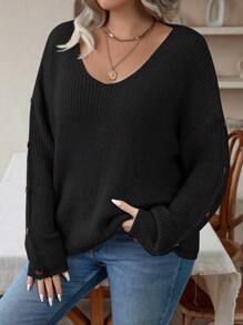 Calvaya 大碼純色蝙蝠袖毛衣,附有釦子細節 - 黑色 - 查看 1