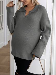 SHEIN 孕妇落肩翻领毛衣，冬季 - 深灰色 - 查看 6