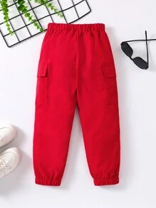 SHEIN Young Girl 1pc Fashionable Casual Cargo Pants With Pockets And Fold-Over Hem,Holiday,Summer,Travel - Red - View 2