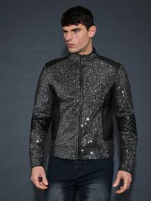 GENTILAND Hombres Cazadora con cremallera con lentejuelas - Negro - Ver 4