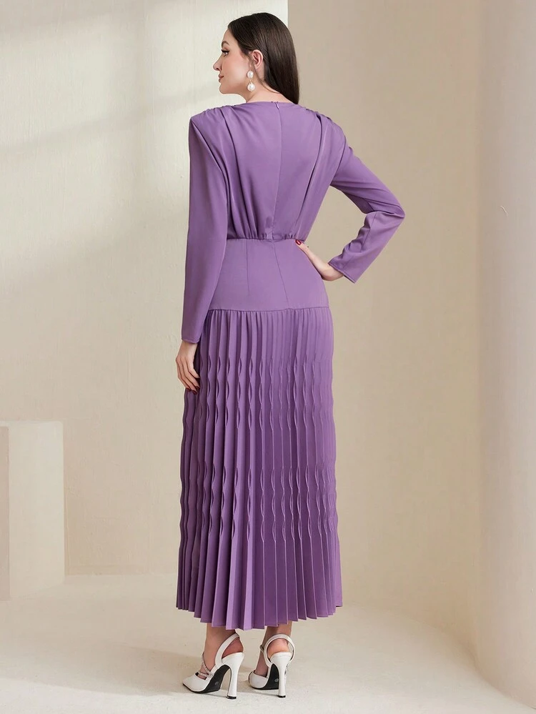 Women's Ruffle Shoulder Padded Pleated Hem Dress