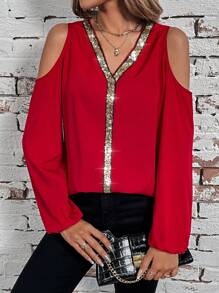 SHEIN LUNE 女士閃爍拼接露肩上衣 - 酒紅色 - 查看 1