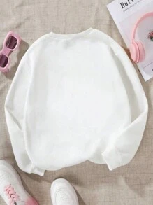 SHEIN 少女圓領連帽衫,印有文字圖案 - 白色 - 查看 2