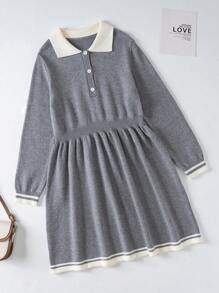Teen Girls' Color Block Sweater Dress With Polo Neck - Grey - View 1