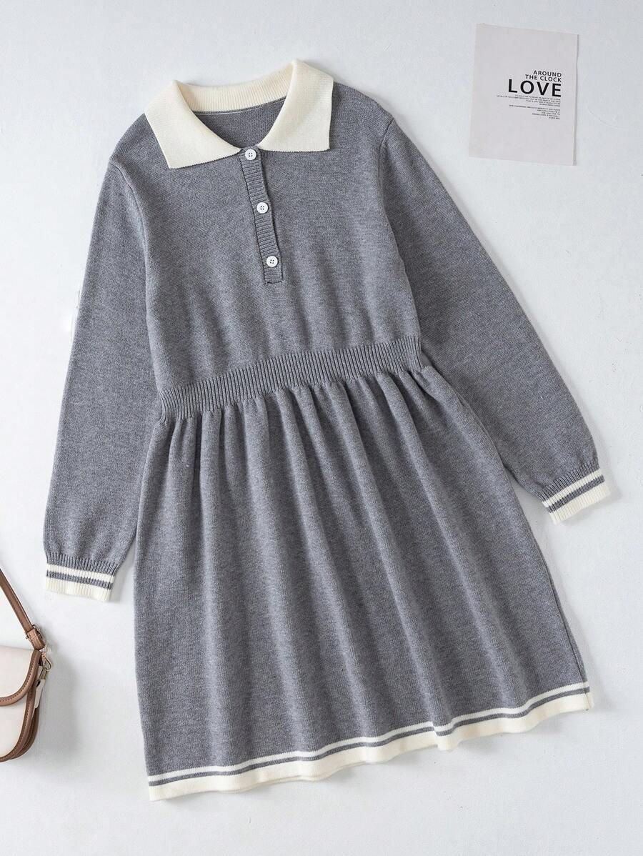 Teen Girls' Color Block Sweater Dress With Polo Neck - Grey - View 1