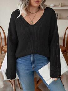 Calvaya 大碼純色蝙蝠袖毛衣,附有釦子細節 - 黑色 - 查看 4