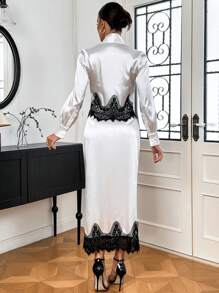 SHEIN Privé Của phụ nữ Thanh lịch Hai chiếc Bộ đồ Với Vải Jacquard Và Ren Vá lại - trắng - Xem 2