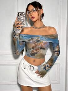 SHEIN ICON Figure Graphic Off Shoulder Crop Mesh Top - Multicolor - View 5