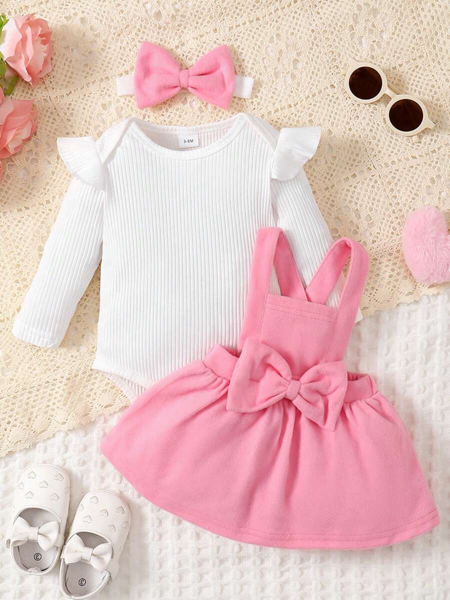 Em bé Cô gái Sọc Váy yếm Bộ Với Bowknot - Hồng - Xem 1