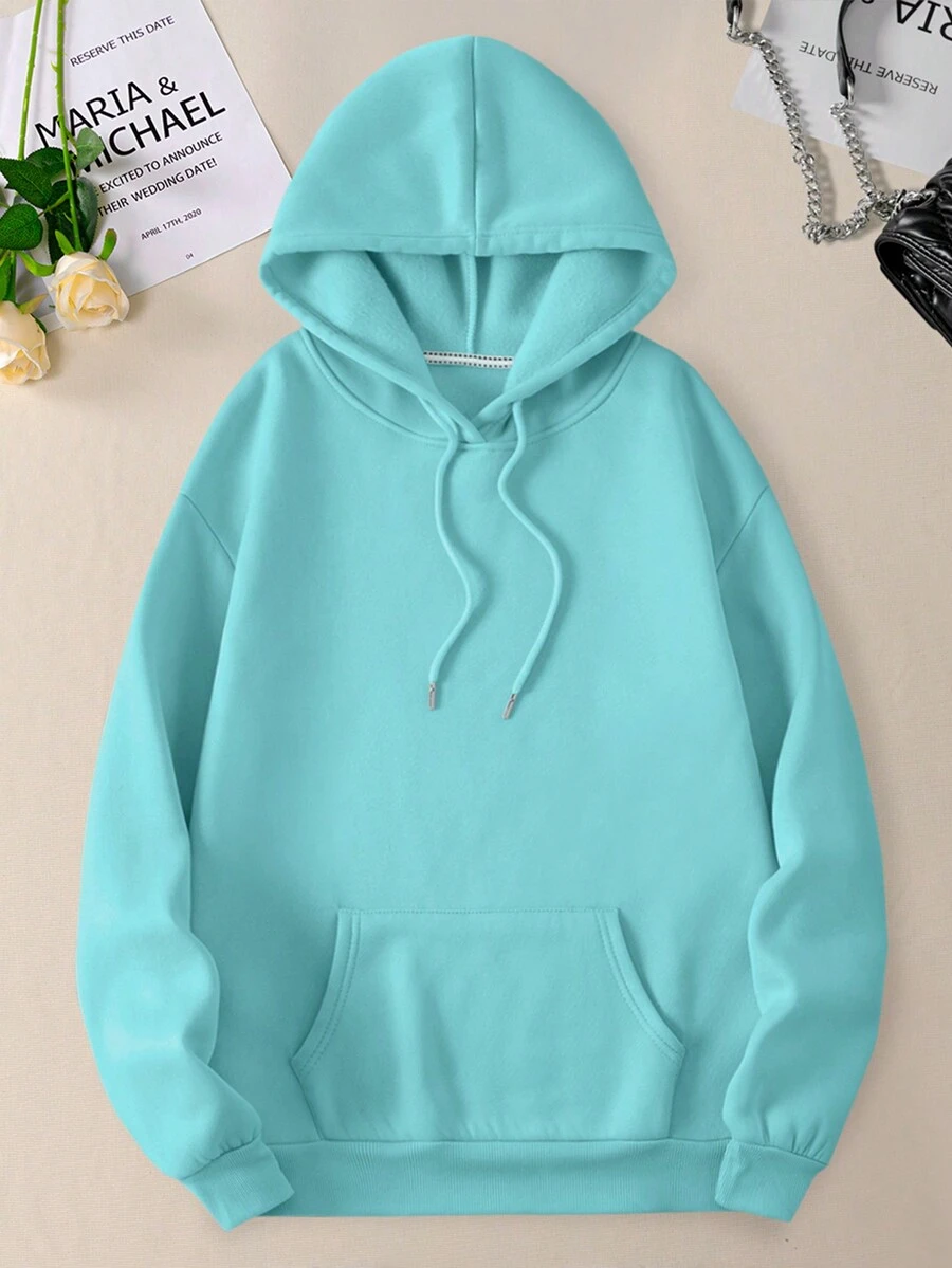 SHEIN EZwear Áo hoodie lót nhiệt màu trơn có dây rút cho nữ - Màu xanh bạc hà - Xem 1