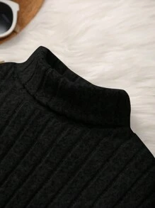 SHEIN Cô gái Tween Đơn giản Đường phố Dệt kim Màu thuần Vòng cổ Dài tay Eo Đầm - màu đen - Xem 4