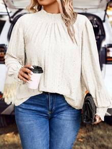 SHEIN LUNE 女士純色立領優雅大尺碼襯衫 - 杏色 - 查看 4