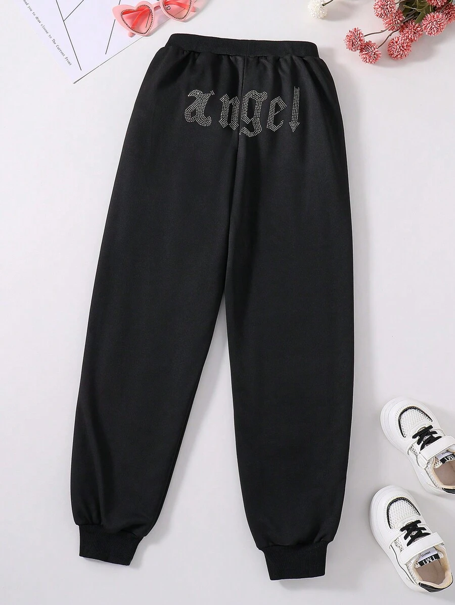 Pantalones Deportivos De Punto Cool Y2k Con Diamantes De Imitación Para Niña Adolescente - Negro - Ver 1