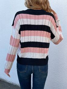 SHEIN LUNE Striped Color Block Drop Shoulder Fashionable Women's Sweater - Pink - View 2