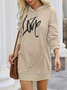 SHEIN LUNE Women's Letter Print Drawstring Hoodie Dress - Apricot - View 4