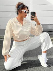 SHEIN EZwear Của phụ nữ Kích thước lớn Một nửa khóa kéo Sang trọng Áo nỉ - trắng - Xem 1