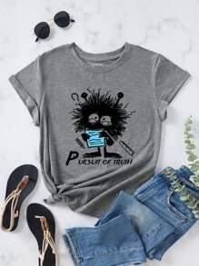 SHEIN LUNE 女士卡通印花t恤 - 灰色 - 查看 1