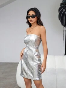 Aveloria Metallic Pu Strapless Dress - Silver - View 3