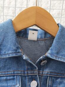 SHEIN 少女翻領細節鈕扣丹寧外套,不整齊的下擺和實心肋條肩帶裙子套裝 - 黑色 - 查看 4