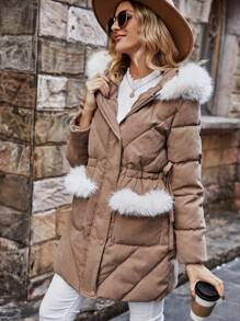 SHEIN LUNE 女士连帽加厚棉服外套冬季有领 - 棕色 - 查看 5