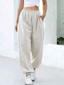 SHEIN Essnce 女士彈性腰運動長褲 - 淺灰色 - 查看 1