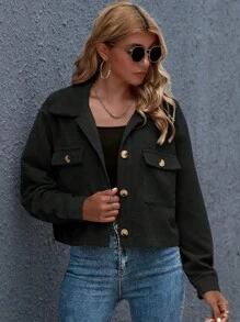 EMERY ROSE Button Front Patch Pocket Cord Jacket Fall Winter Cloth For Women - Black - View 5
