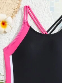 青少女拼色十字肩帶連身泳衣 - 彩色 - 查看 3