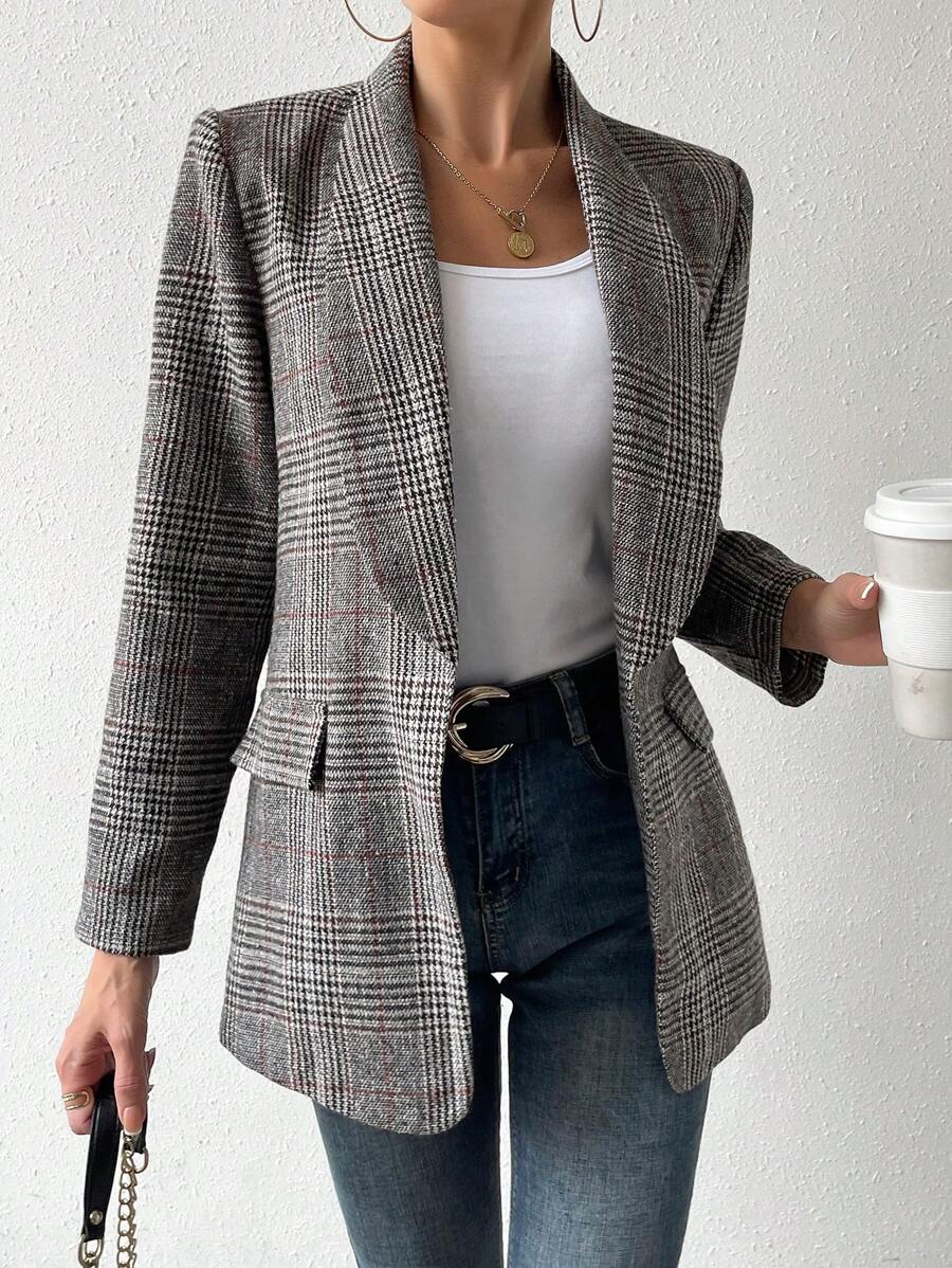 SHEIN Essnce Của phụ nữ Kẻ sọc Khăn quàng Áo vest - Xám - Xem 1