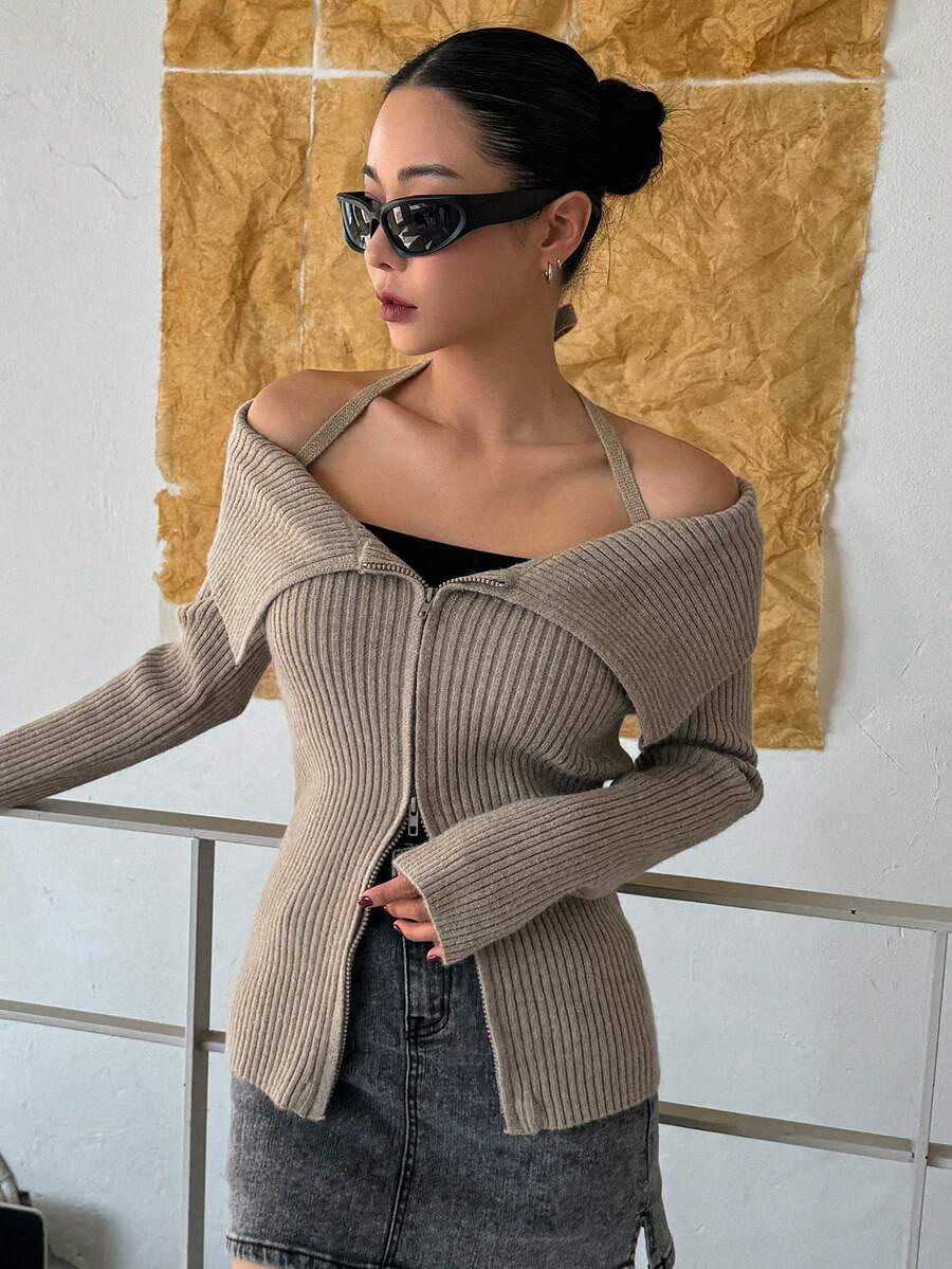 DAZY 女式拉鍊開合掛脖開襟衫 - 卡其色 - 查看 1