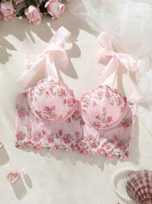 SHEIN Brassière En Maille Brodée Florale Pour Femmes De Grande Taille - Rose bonbon - Voir 1