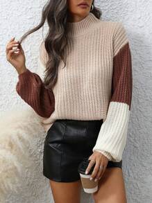 SHEIN LUNE Women's Stand Collar Color Block Sweater - Multicolor - View 3