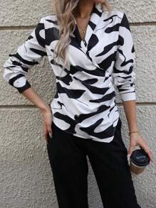SHEIN Clasi Women's Tie Waist Printed Wrap Front Pleated Blouse - Multicolor - View 5