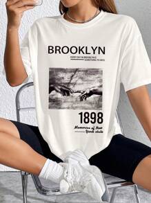 SHEIN EZwear Của phụ nữ Retro Áo thun Với Động tác In - trắng - Xem 3