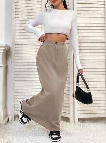 SHEIN Unity Quý cô Màu Khaki Đúng mốt Thêm dài Váy - Màu Khaki - Xem 6