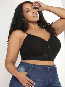 SHEIN CURVE+ Áo hai dây Plus Size Tương phản ren màu trơn Giải trí - màu đen - Xem 5