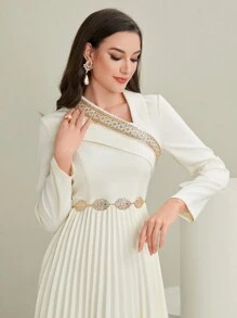 Modelyn Asymmetrical Neck Embroidered Pleated Long Sleeve Dress Without Belt