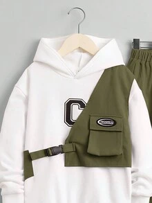 SHEIN Cậu bé Tween Lá thư In 2 trong1 Áo nỉ có mũ Và Quần Bộ - xanh quân đội - Xem 3